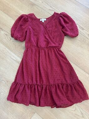 Girls' Burgundy Puff-Sleeve Textured Dress
